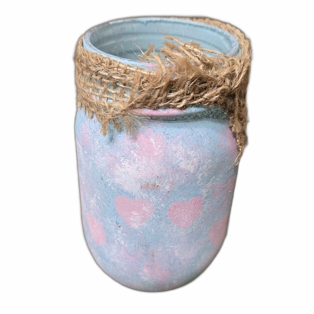 Handmade Shabby Chic Blue And Pink Painted Mason Jar Vase With Burlap Trim BIN-D